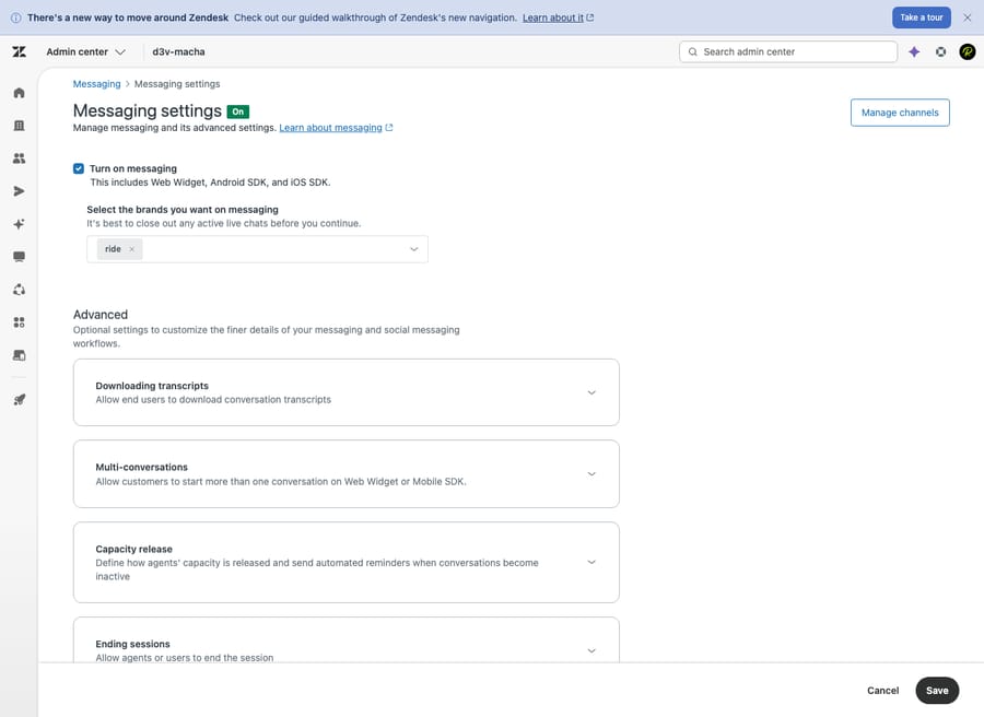Zendesk's Messaging settings (On) — turn on messaging, select brands, and configure advanced options like multi-conversations and capacity release.