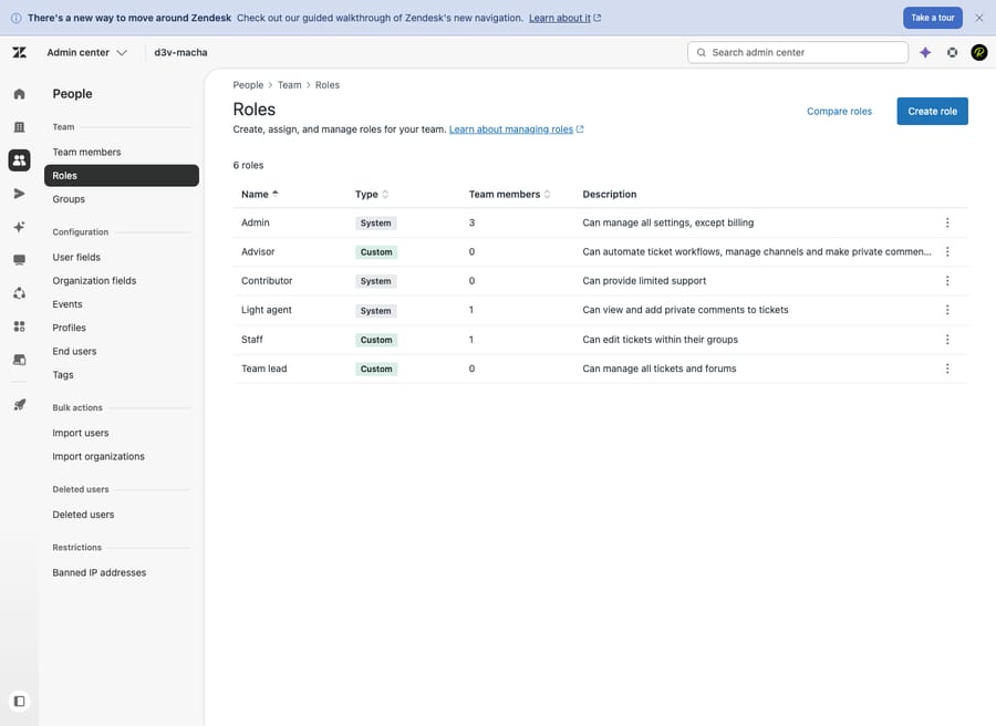 Zendesk Admin Center Roles page under People then Team, listing default and custom agent roles with the Create role button.