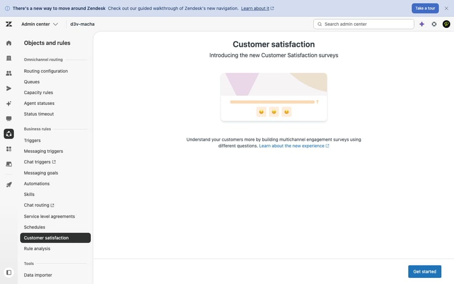 First-hand view of the Zendesk Admin Center Customer satisfaction page — the new multichannel CSAT setup screen with the survey illustration and a Get started button.