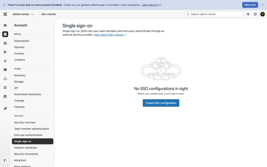 Zendesk Admin Center Single sign-on page under Account, Security — the Create SSO configuration button with the Security sidebar showing Team member authentication and End user authentication.