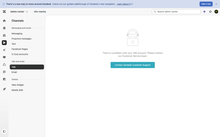 Zendesk Admin Center Channels page with the 