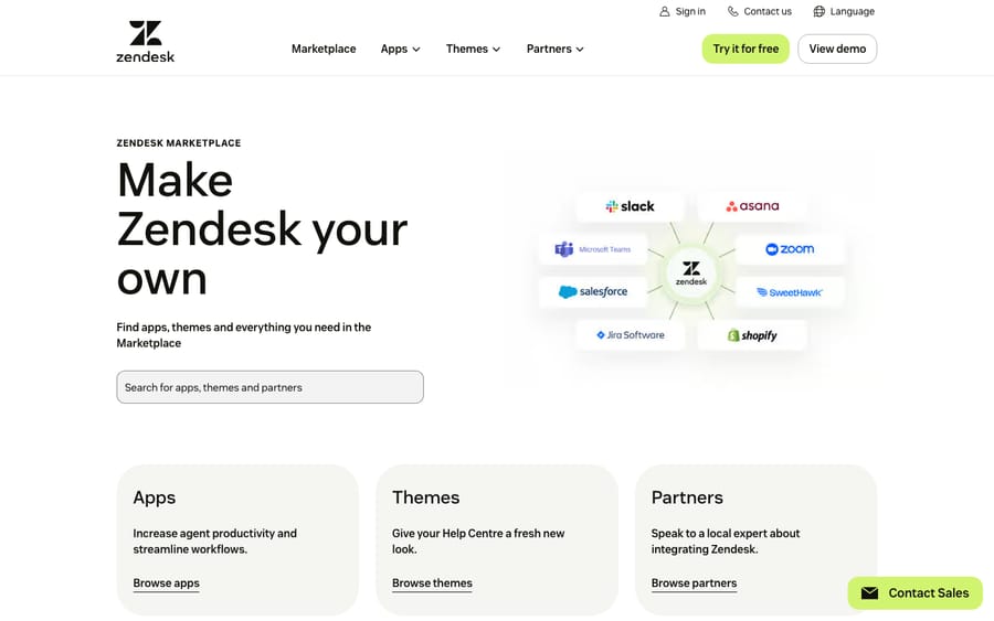 Zendesk Marketplace homepage showing the integrations ecosystem with app and integration logos, where the Microsoft Teams app is found and installed