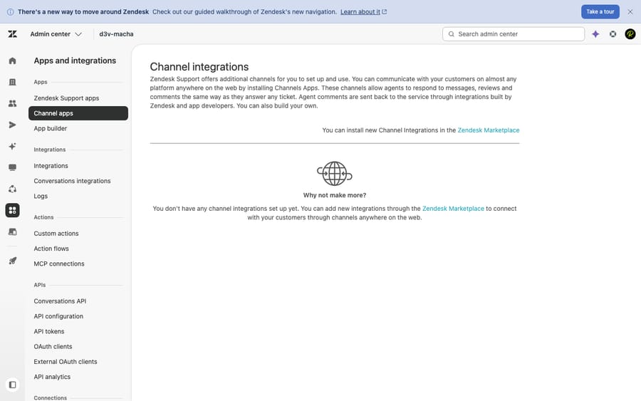 Zendesk Admin Center — Apps and integrations page, where the Aircall for Support app is installed and managed.