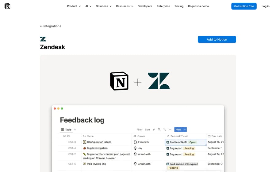 Notion's official Zendesk integration page, showing the Notion + Zendesk connection and a Notion 
