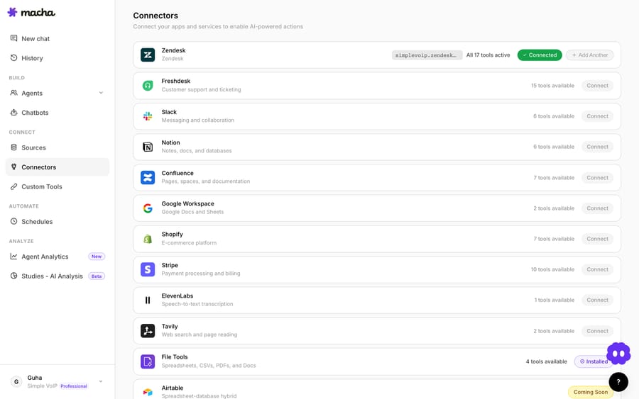 Macha's Connectors — link Zendesk and Freshdesk via OAuth so agents act inside your help desk.