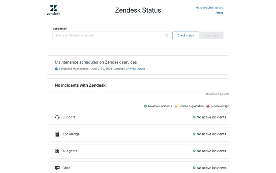 Zendesk Status page at status.zendesk.com showing the Check status subdomain field, per-product service history, and the no-active-incidents legend with green operational bars.