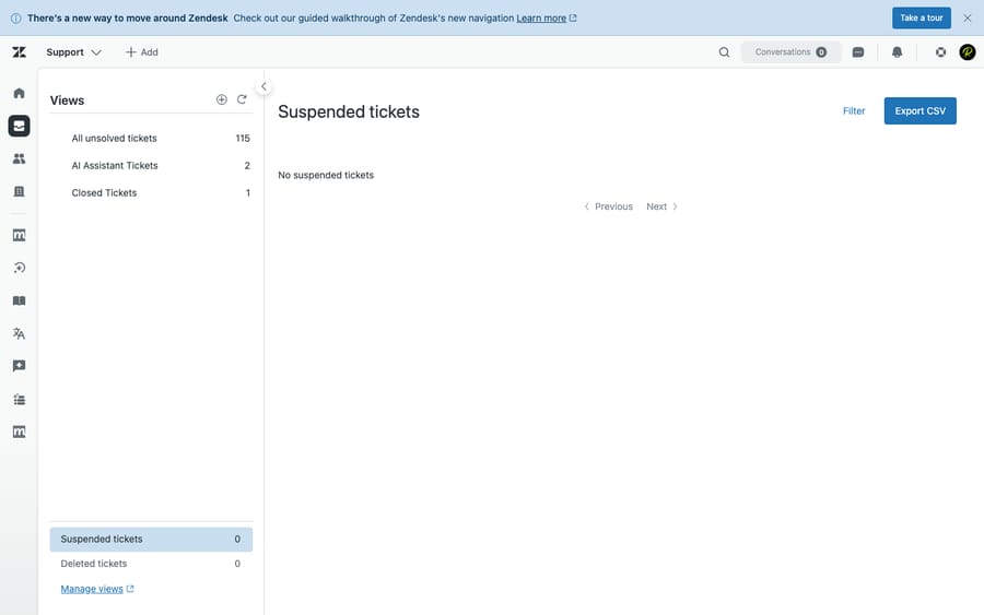 First-hand view of the Zendesk Suspended tickets view in the Views panel — where intercepted emails wait, with Filter and Export CSV controls and the Suspended/Deleted ticket counts in the sidebar.