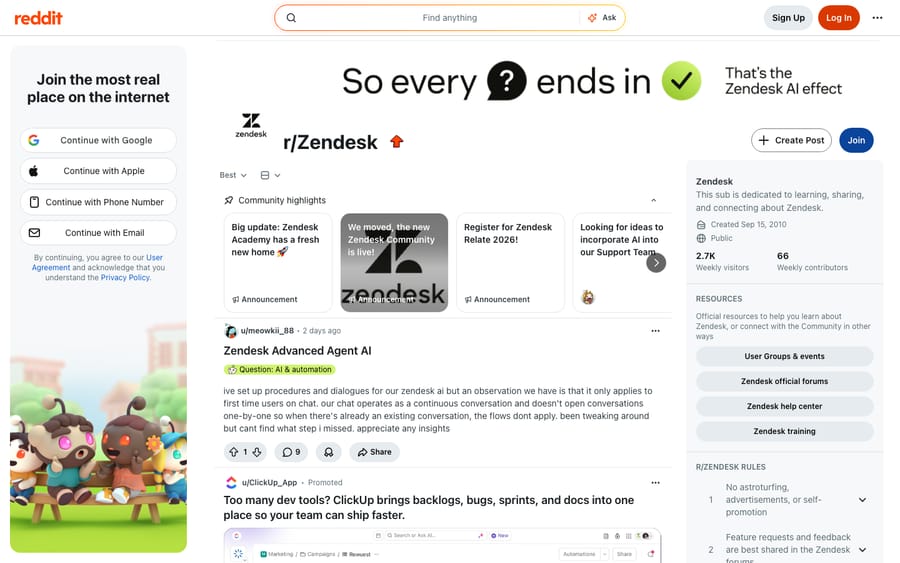 The r/Zendesk subreddit on Reddit — the community where admins, agents, and support leaders discuss Zendesk pricing, AI agents, and day-to-day use.