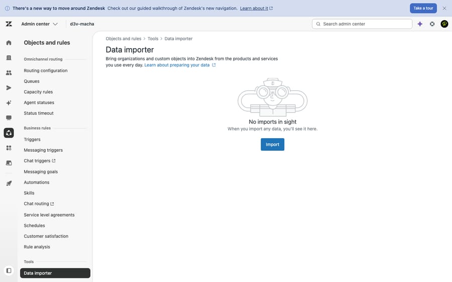 Zendesk Admin Center Data importer page under Objects and rules, Tools — the native importer for users, organizations, and custom objects (not tickets)