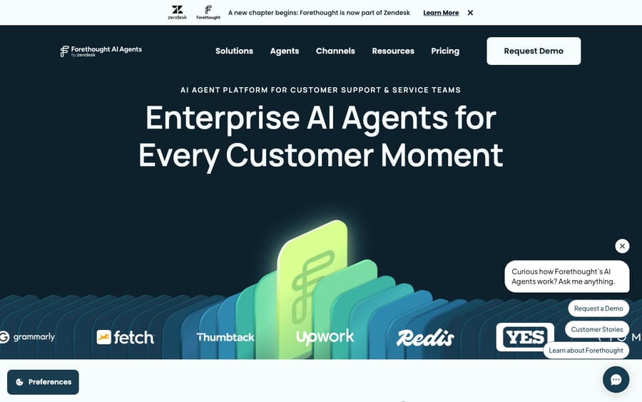 The Forethought AI website showing its multi-agent customer support automation platform — Solve, Triage, Assist, Discover and Agent QA.