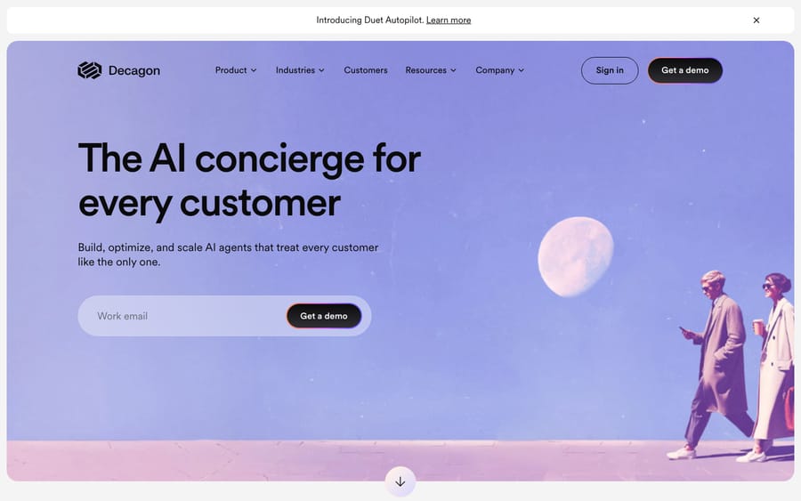 The Decagon AI website homepage describing its AI concierge agents for enterprise customer support