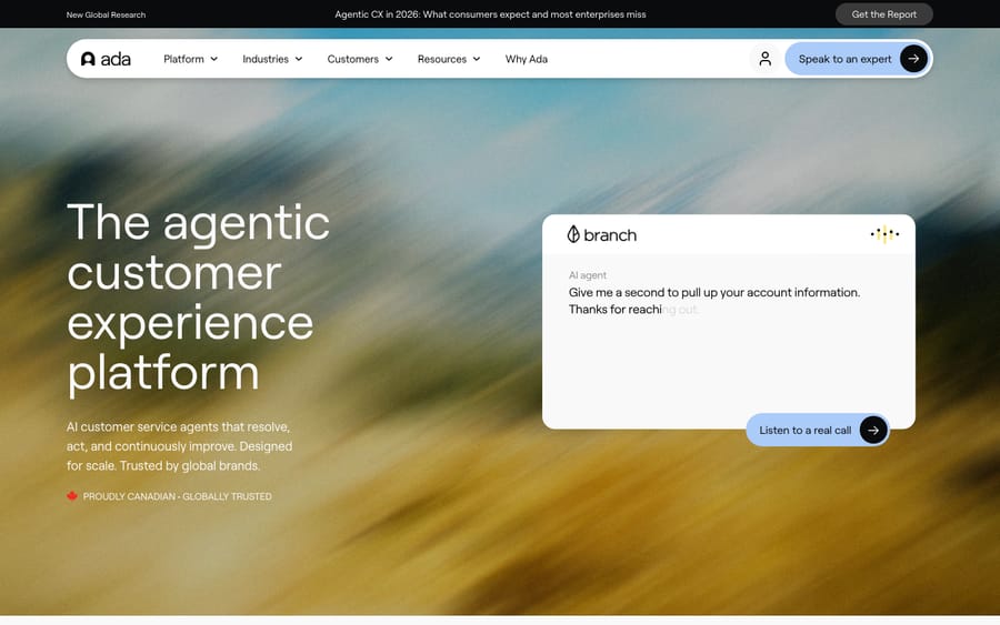 The Ada (ada.cx) AI customer service website homepage, describing AI agents for quality CX at scale.