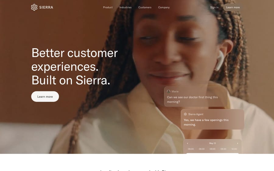The Sierra AI (sierra.ai) website homepage, showing the company's enterprise conversational AI agent platform positioning.