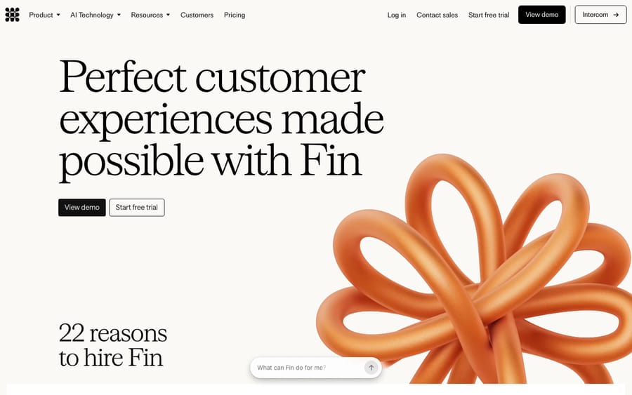 Intercom's Fin AI agent product page, describing Fin as the AI agent for customer service across chat, email and voice.