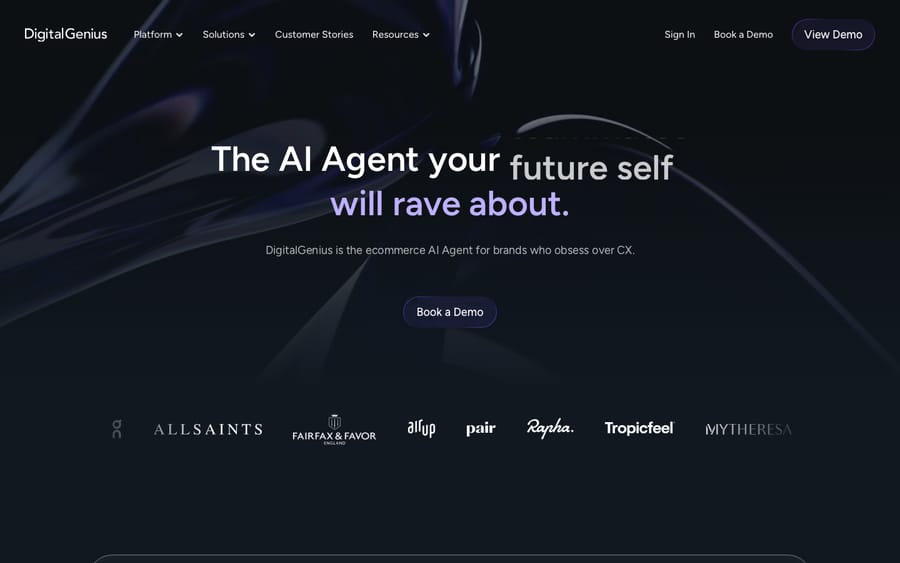 The DigitalGenius website homepage describing its AI agent built for ecommerce customer service