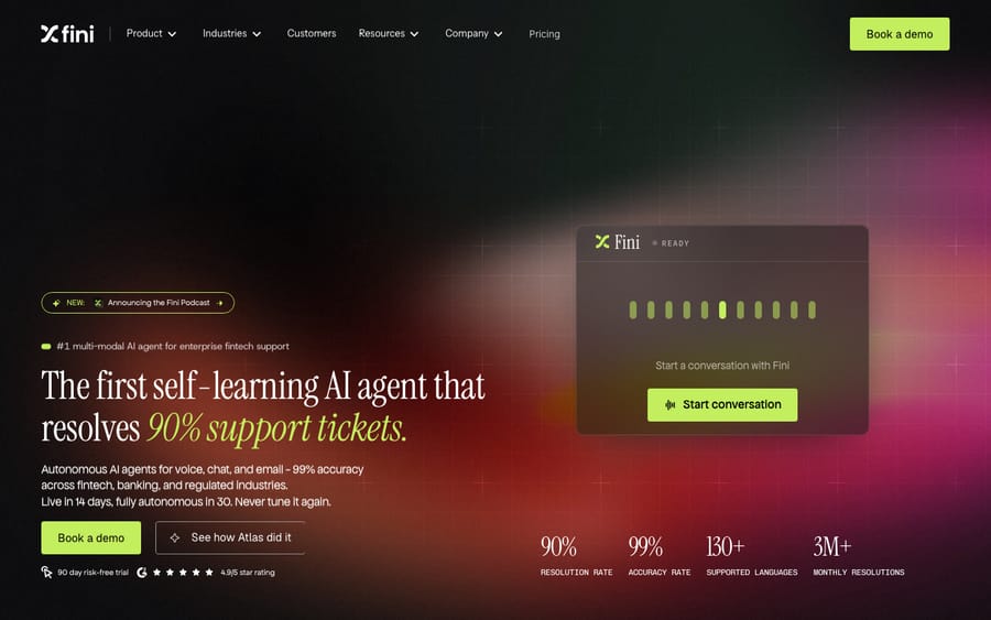 The Fini AI website at usefini.com describing its self-improving AI agent for customer experience