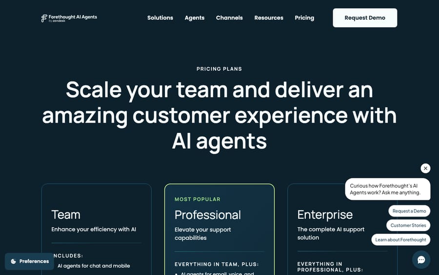 Forethought's outcome-based pricing page, showing its Team, Professional and Enterprise tiers with 