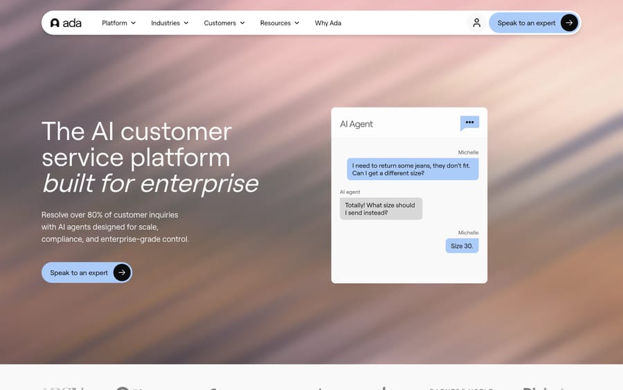 The Ada (ada.cx) omnichannel AI platform page, showing its AI agent working across chat, voice, email, social and SMS channels.