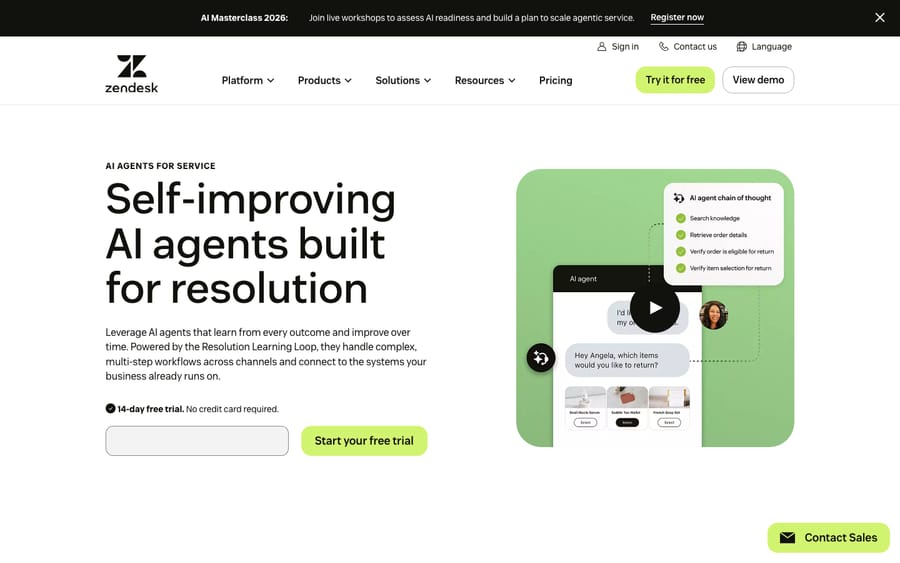 The Zendesk AI agents product page, where Ultimate's technology now powers Zendesk's advanced, customizable AI agents
