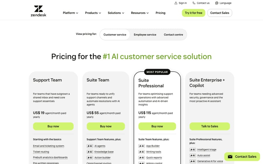 Zendesk pricing page showing Suite plan tiers and the per-automated-resolution AI agent pricing applied on top of a seat-based subscription.