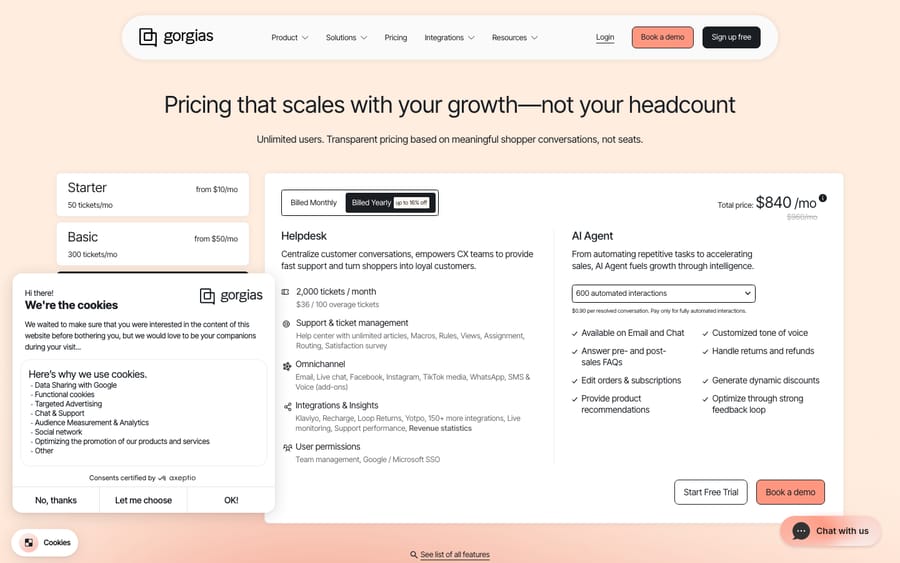 Gorgias pricing page showing the Automate AI Agent per-resolution rate alongside the Starter, Basic, Pro and Advanced helpdesk plan tiers.