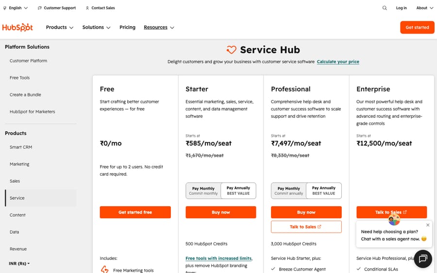 HubSpot Service Hub and Breeze Customer Agent pricing page showing outcome-based credit pricing for the AI customer agent.