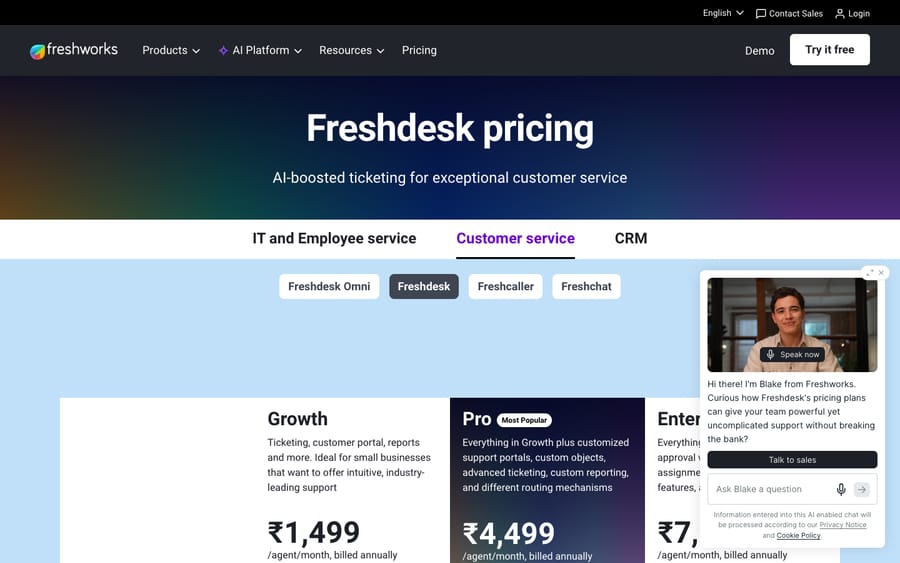 Freshdesk's official pricing page showing the Free, Growth, Pro and Enterprise plans with per-agent monthly pricing.