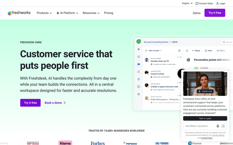 The Freshdesk Omni product page — Freshworks' omnichannel, AI-powered support and chat bundle.
