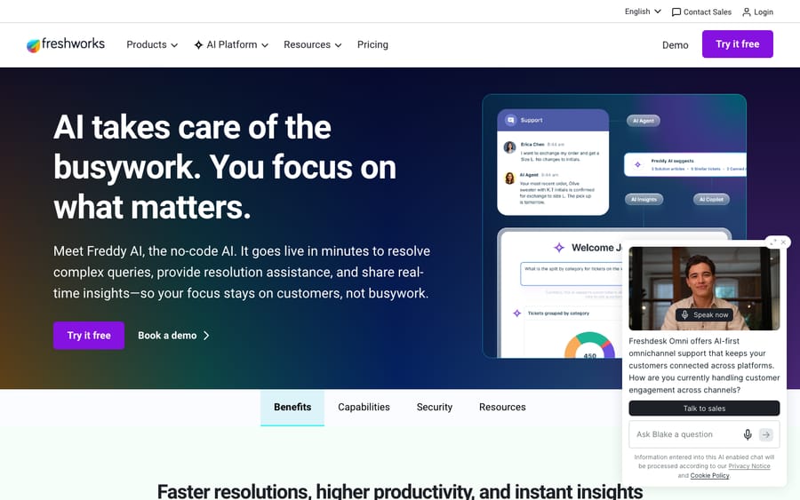 The Freshworks Freddy AI page — where Freshworks groups its AI into the AI Agent, AI Copilot, and AI Insights pillars.