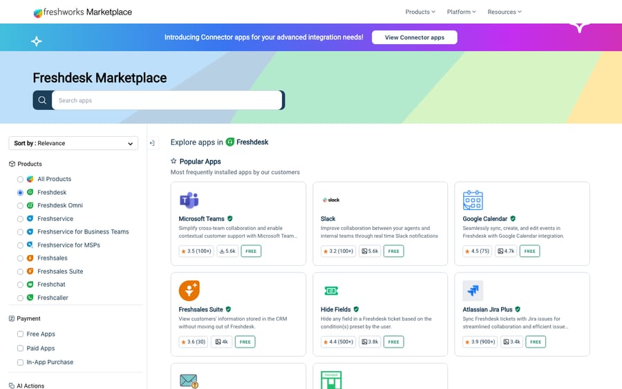 Freshworks Marketplace — pre-built apps and integrations (Slack, Jira, Shopify and more) for Freshdesk.