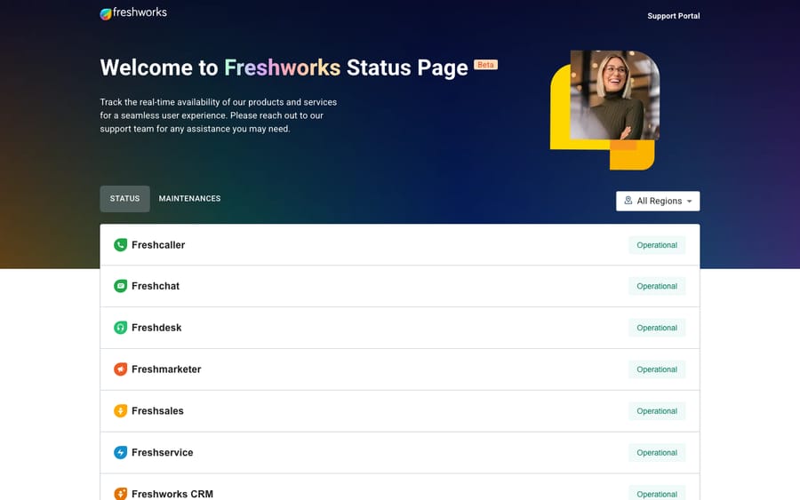 Freshworks Status page at status.freshworks.com showing per-product components grouped by region, an active-incidents feed, and the operational status legend.