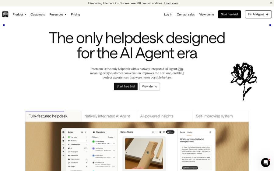 Intercom customer service platform homepage showing its messenger and Fin AI agent