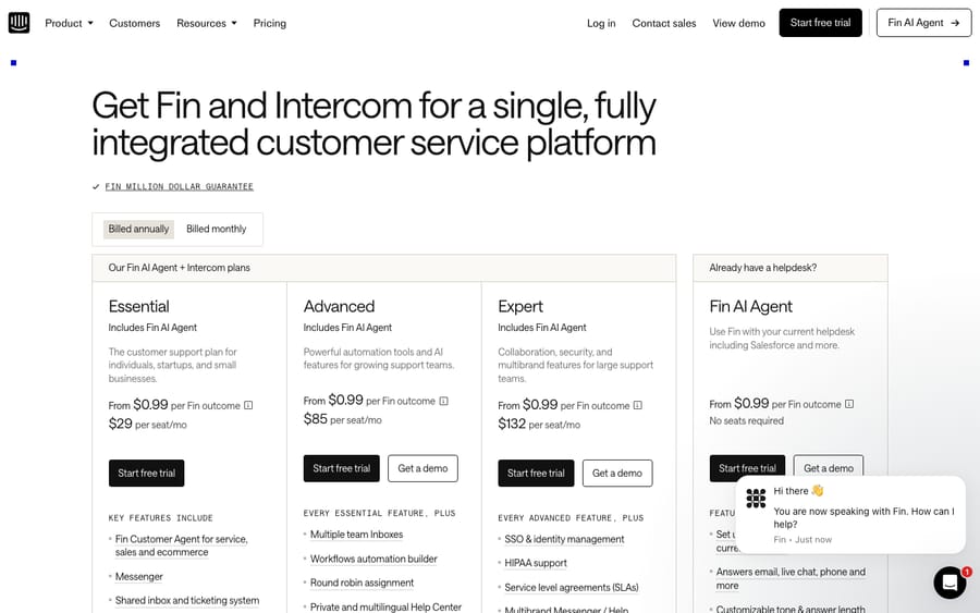 Intercom's official pricing page showing the Essential, Advanced and Expert seat plans with per-seat monthly pricing.