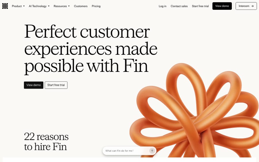 Intercom's Fin AI agent product page, showing Fin positioned as the AI agent that resolves customer conversations across channels.