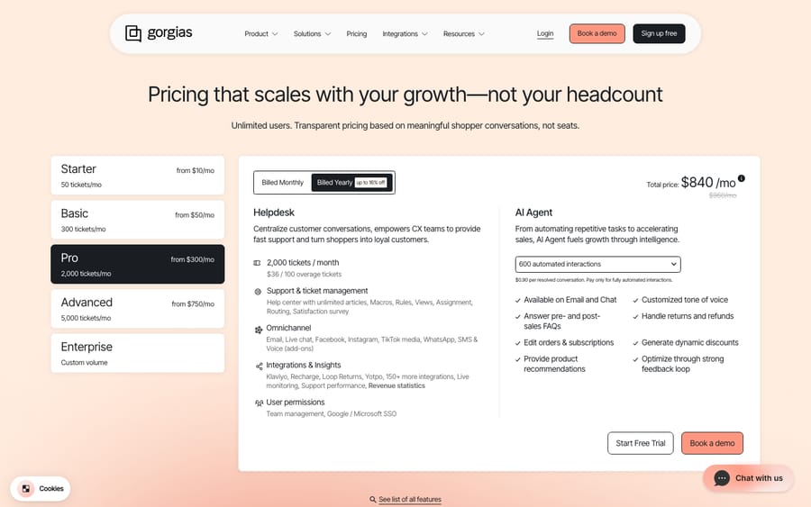 The official Gorgias pricing page showing the Starter, Basic, Pro and Advanced ticket-based plans with monthly prices and included ticket volumes.