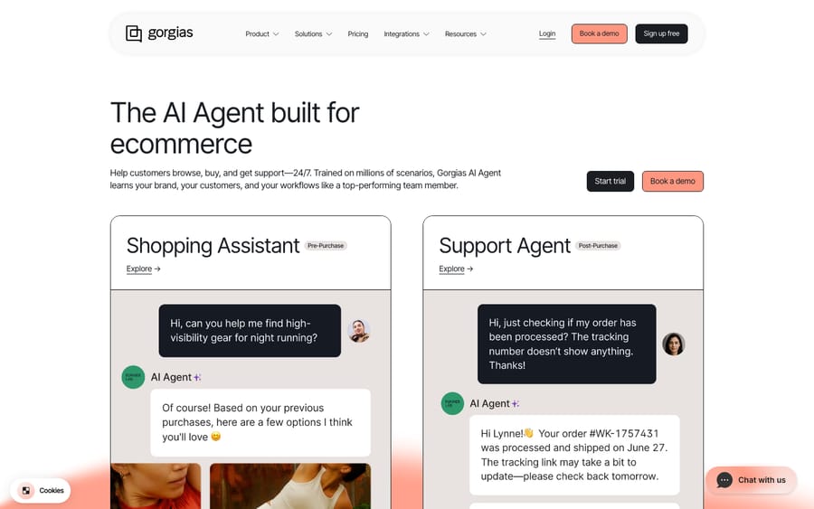 The Gorgias AI Agent for ecommerce — autonomous resolution of order status, returns, and WISMO tickets using live Shopify data.