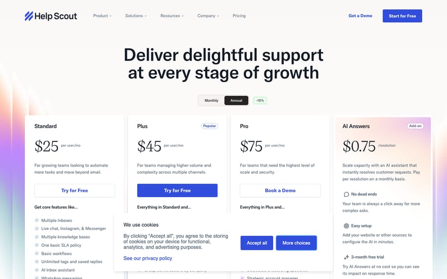Help Scout pricing page showing the Free, Standard, Plus and Pro per-user plans