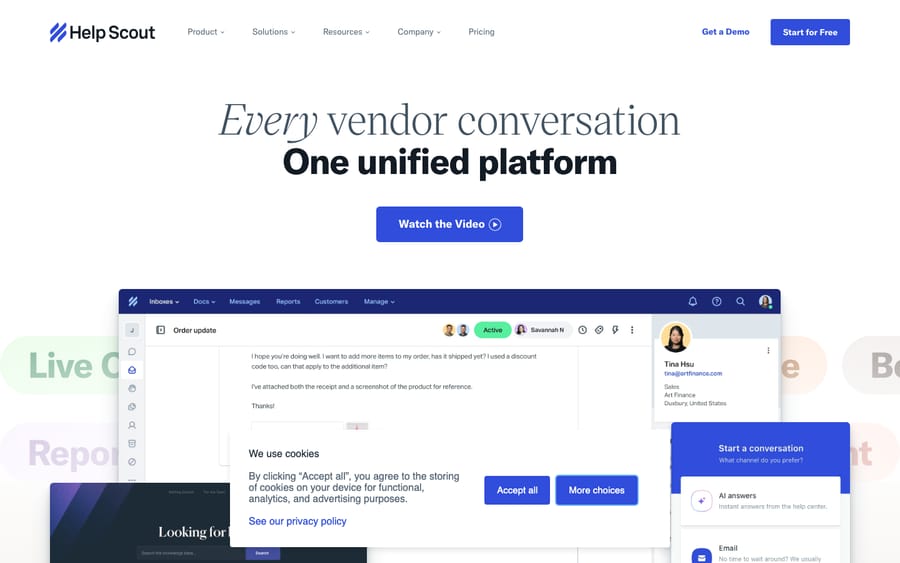 Help Scout's platform features — shared inbox, Docs knowledge base, Beacon widget, and AI.