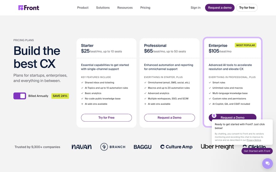 Front's official pricing page showing the Starter, Professional and Enterprise seat plans with per-seat monthly pricing.