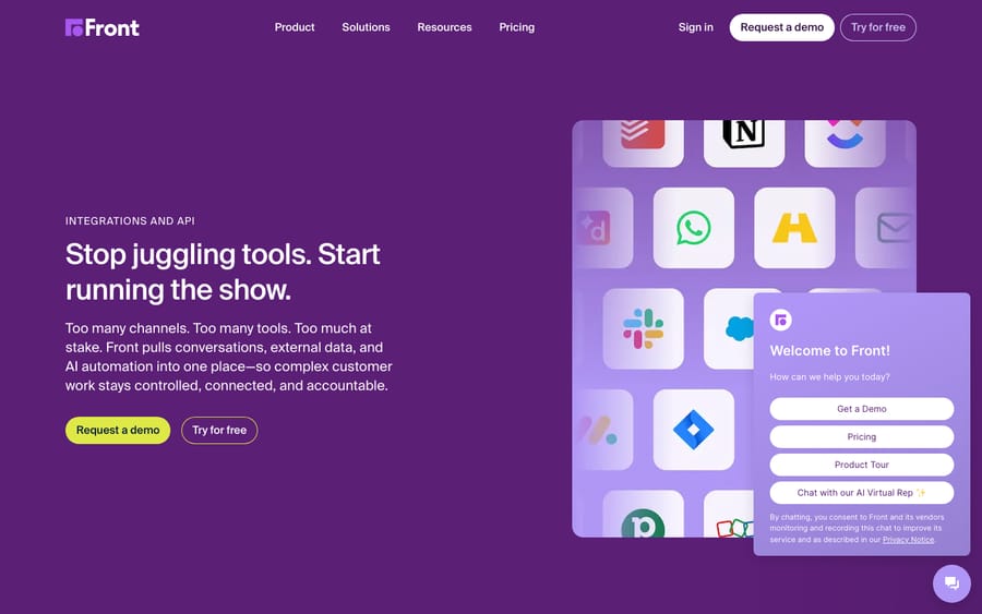 Front app platform overview — the team inbox showing the conversation list, message thread, and collaboration panel.