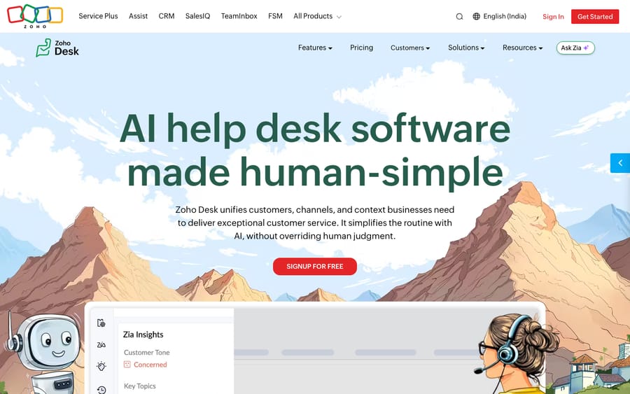 Zoho Desk customer service help desk homepage by Zoho