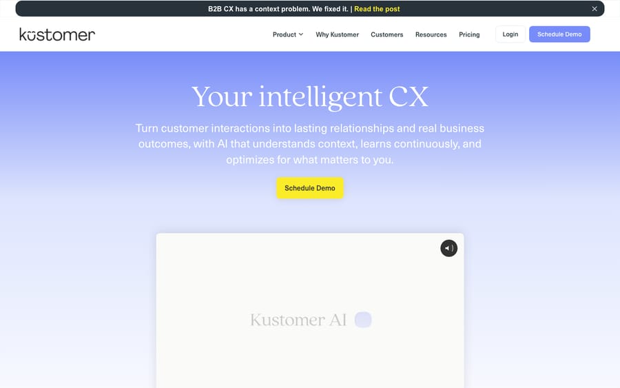 The Kustomer website — the AI-native, CRM-centric customer service platform.