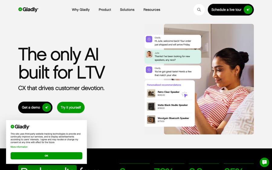 The Gladly website — the people-centered customer service platform built around one lifelong conversation for high-LTV consumer brands.