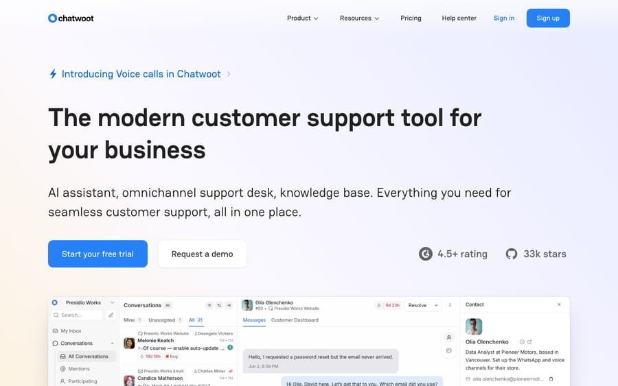 Chatwoot open-source customer engagement platform website homepage showing its omnichannel support and live chat positioning