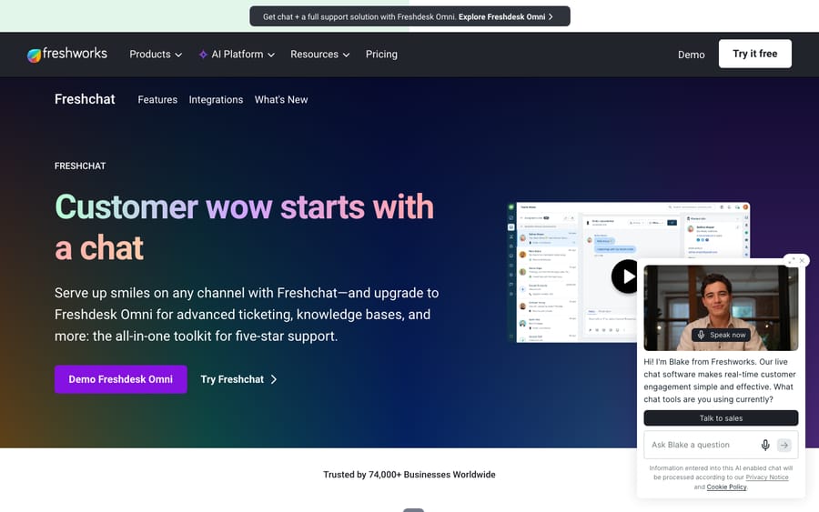 Freshchat live chat and customer messaging software website by Freshworks