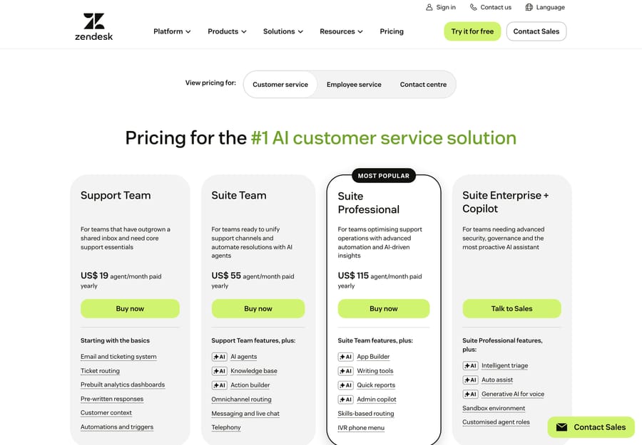 Zendesk pricing plans (2026): Support Team US$19, Suite Team US$55, Suite Professional US$115, and Suite Enterprise + Copilot — per agent/month billed annually.