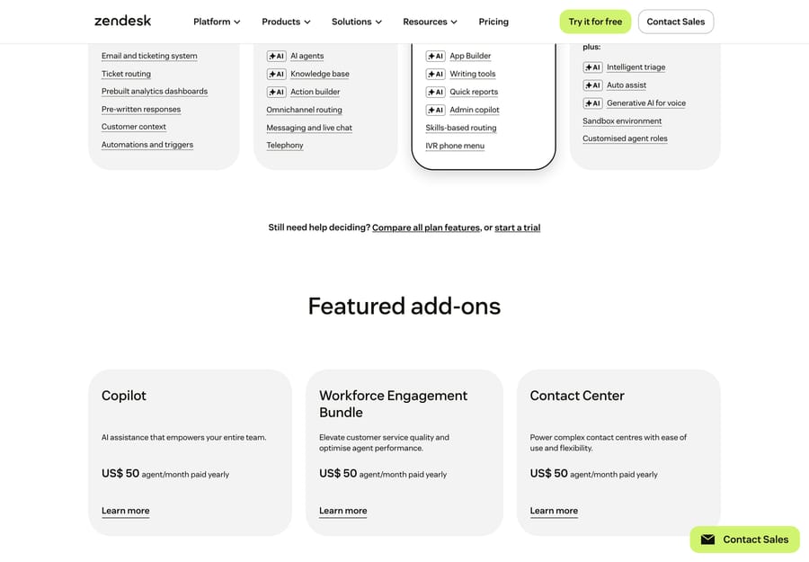 Zendesk Featured add-ons pricing (2026): Copilot, Workforce Engagement Bundle, and Contact Center each at US$50 per agent/month billed annually, on top of the base plan.