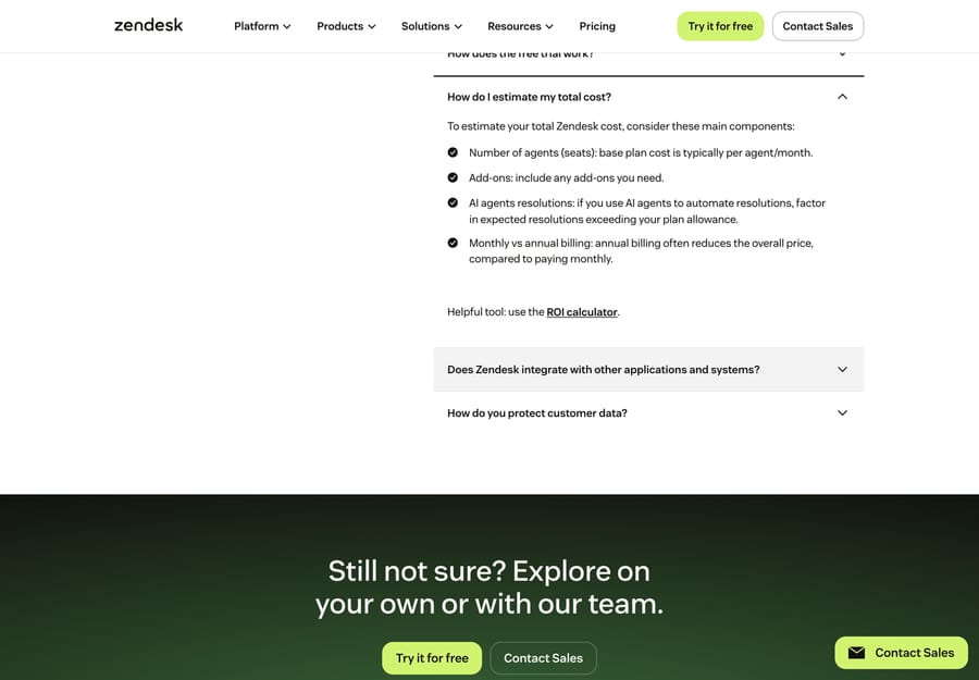 Zendesk's pricing-page FAQ on estimating total cost: seats, add-ons, AI agent resolutions exceeding your plan allowance, and monthly-vs-annual billing.