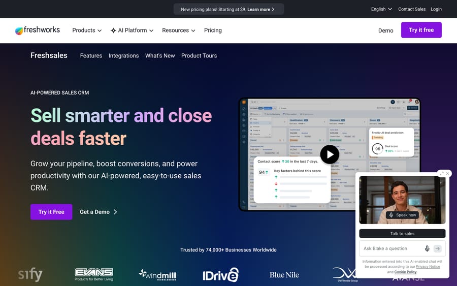 Freshsales — Freshworks' actual sales CRM — looks nothing like Freshdesk: it's built around leads, deals, and a sales pipeline, not support tickets. That contrast is the whole point.