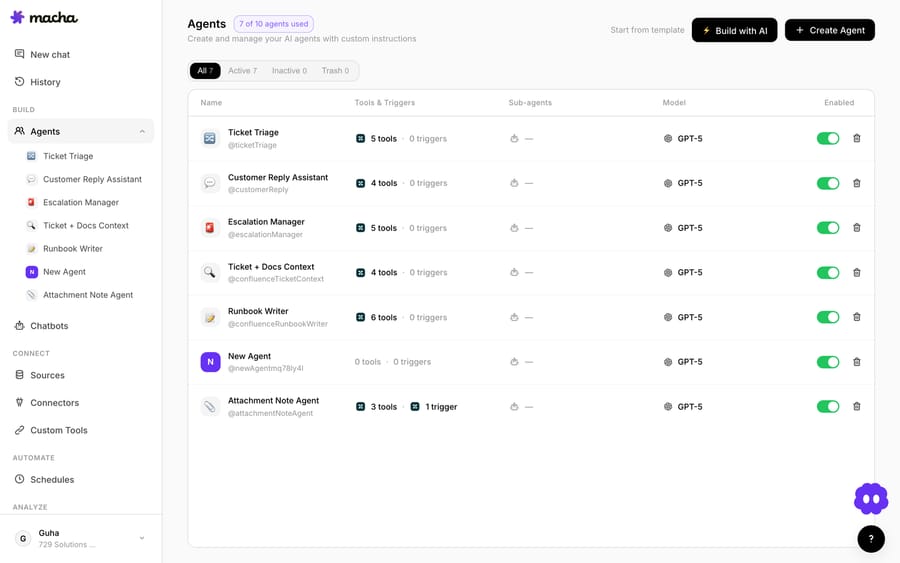 Macha's Agents workspace — AI agents that run on top of Zendesk and Freshdesk.